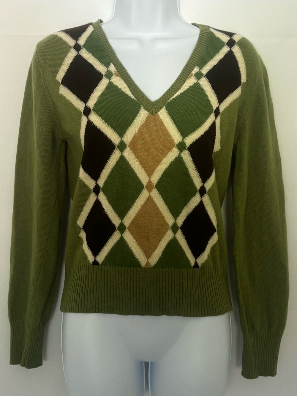 Vintage Benetton Argyle Sweater Wool V-Neck Green Small